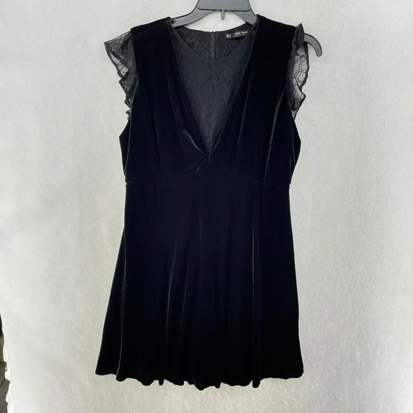 Zara Basic Collection Dress Womens M Black Velvet Lace Trim Zipper Fit & Flare - Picture 2 of 11